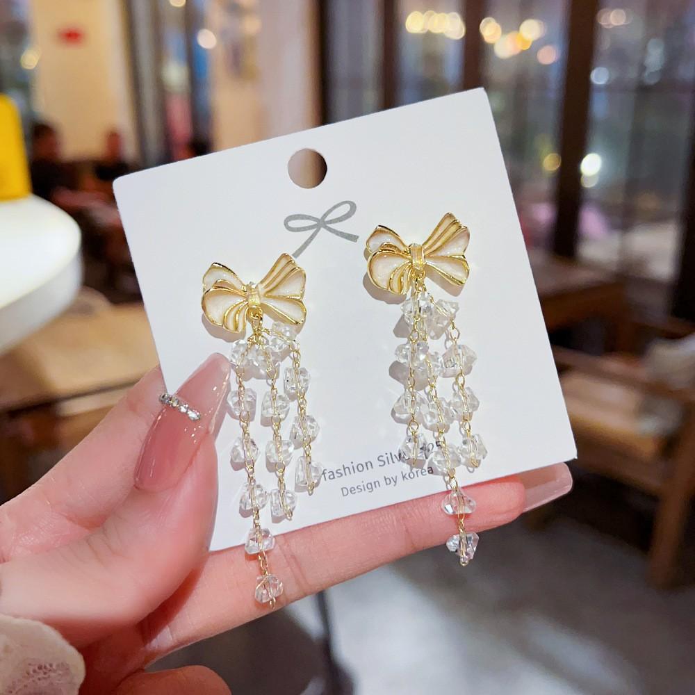 

Enamel Bowknot Long Tassel Crystal Pendant Earring for Women Sweet Gift Simple Geometry Temperament Creative Jewelry Accessory