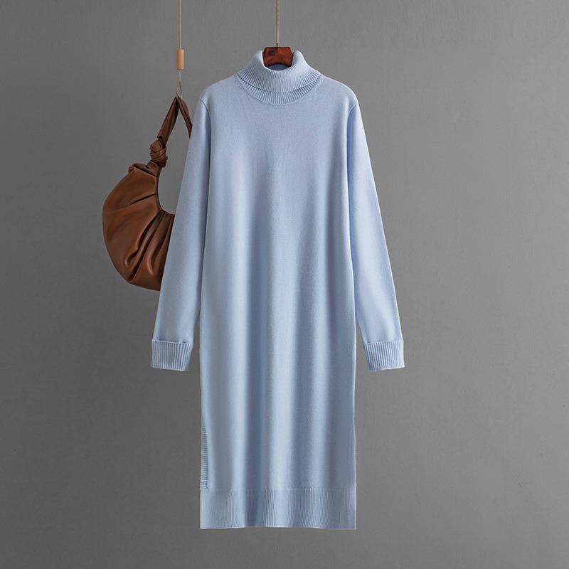 Women's Clothing, New Casual Solid Color Turtleneck Knitted Sweater Slit Primer Dress In Autumn and Winter