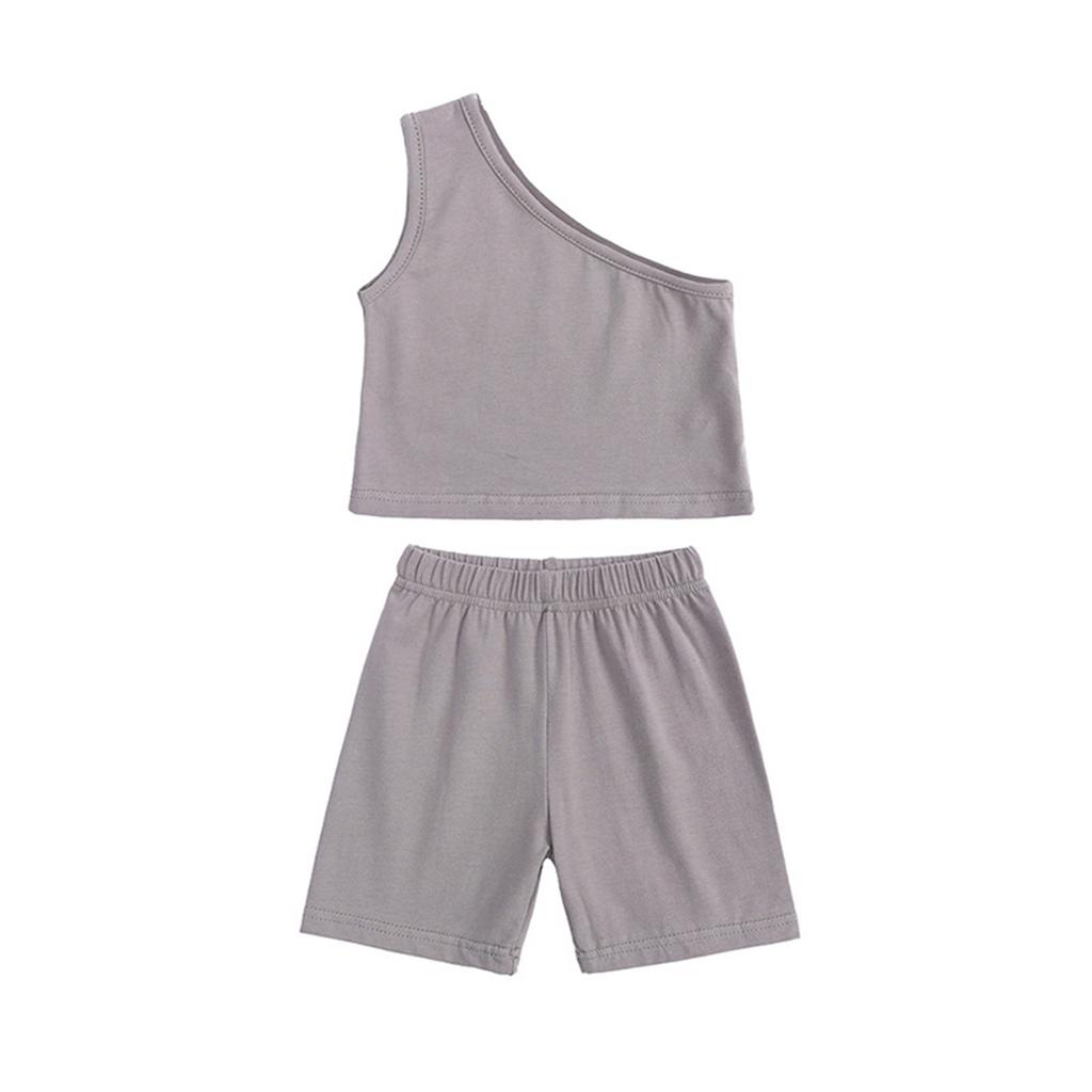 Summer Girls' One-shoulder Shorts Two-piece Solid Color Sleeveless Fashion Suit