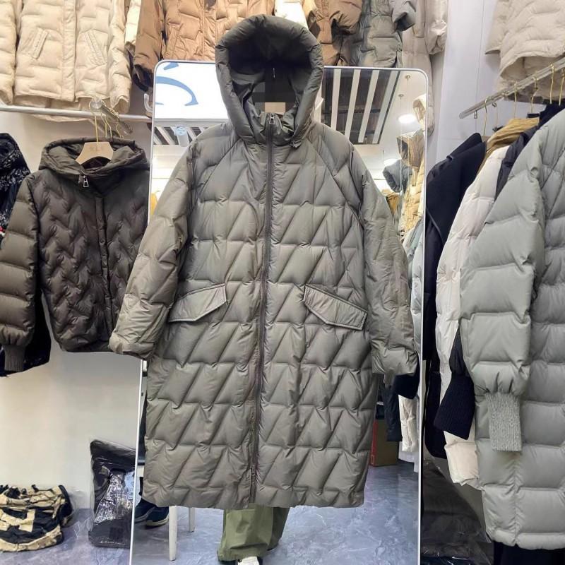 Womens Lightweight Hooded Down Coat Winter Mid-Length Slim Fit White Duck Puffer Jacket In Beige Brown Black Sage Green