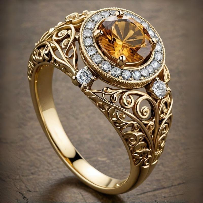 Vintage Inlaid White Champagne CZ Women's Ring Ethnic Gold Color Geometry Daily Wear Party Jewelry Anniversary Gift