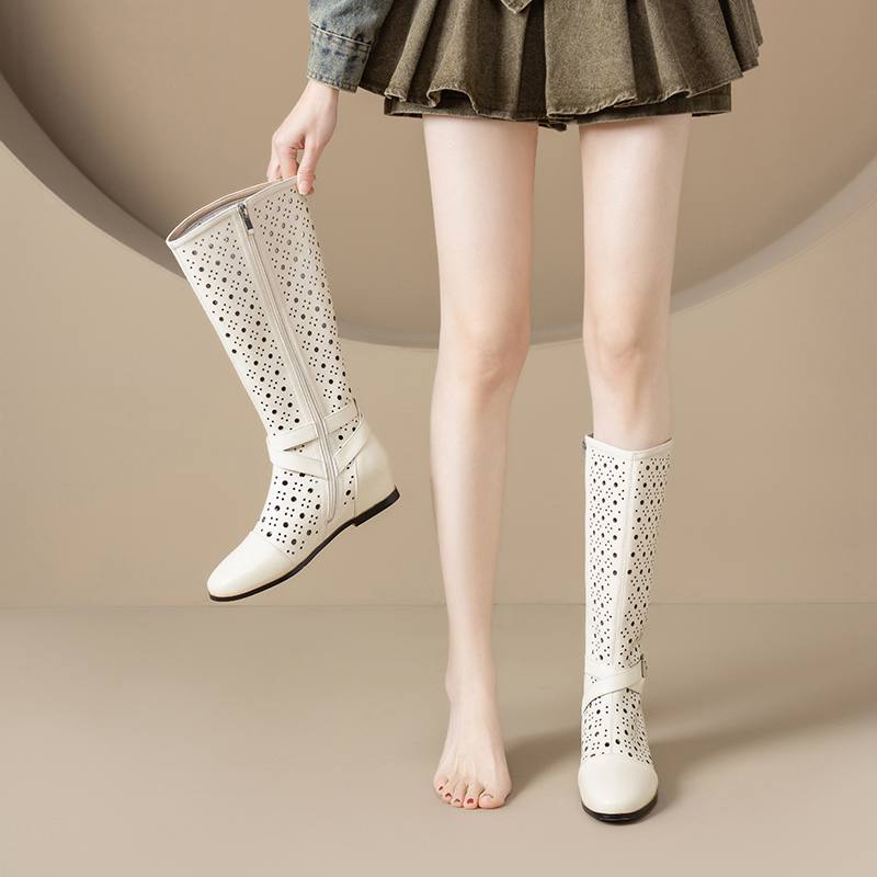 Krazing Pot Rindsspaltleder Runde Zehe Größe 43 Sommerstiefel Mode Ritterstiefel Hohle Verzierungen Herbststiefel Oberschenkelhohe Stiefel