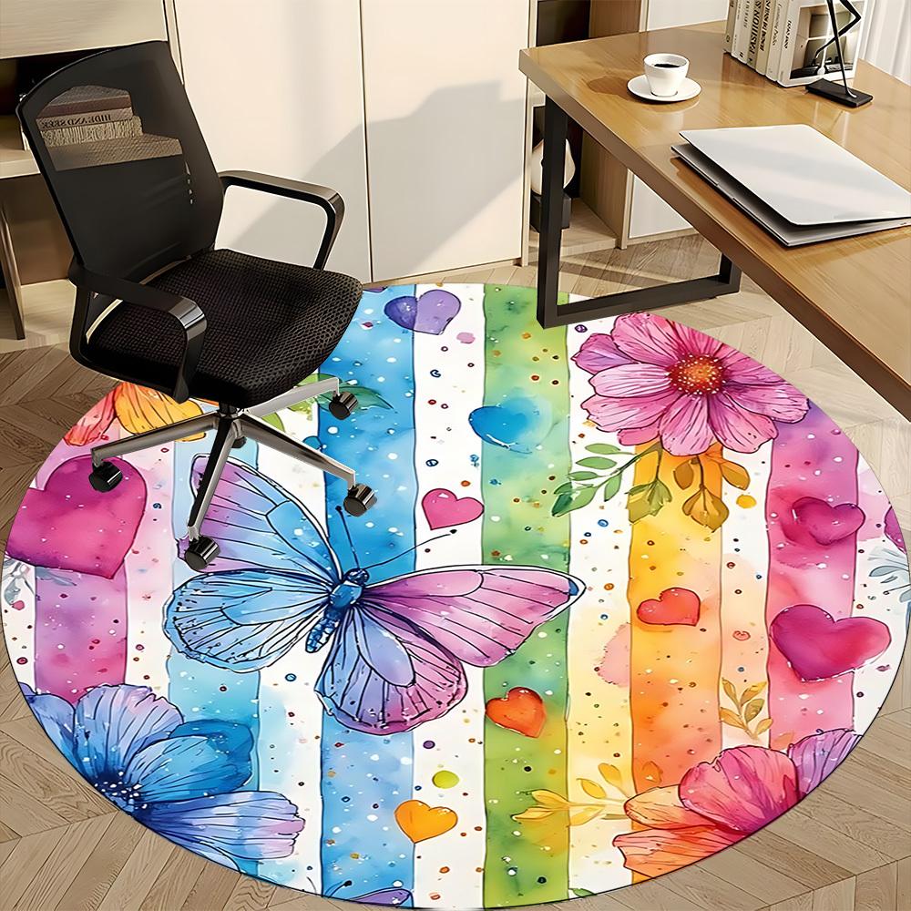 1pc Rainbow Butterfly Office Round Rug, Carpet for Office, Gaming, Lightweight Round Floor Mat yy260205032