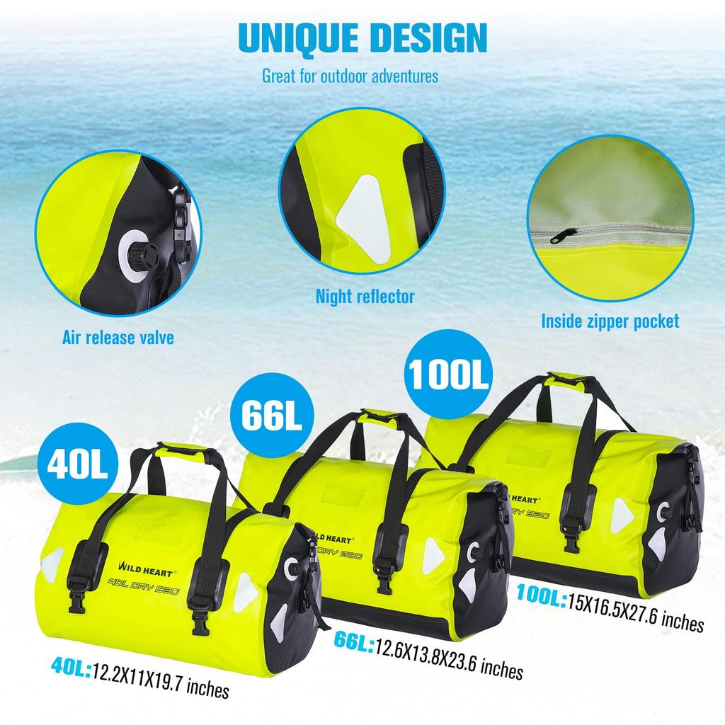 WILD HEART Waterproof Duffel 100L with Welded Seam Shoulder Straps and Binding for and Outdoor Activities Bag, 40L, 66L, Capacity, Rope, Kayaking,