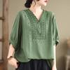 Women's Summer Boho-Chic Loose-Fit V-Neck Embroidered 3/4-Sleeve Pullover T-Shirt
