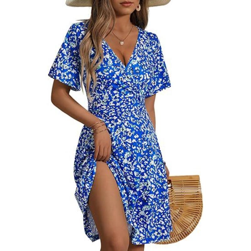 Popular, Summer Floral Short Sleeve Wrap V-Neck A Line Midi Dress