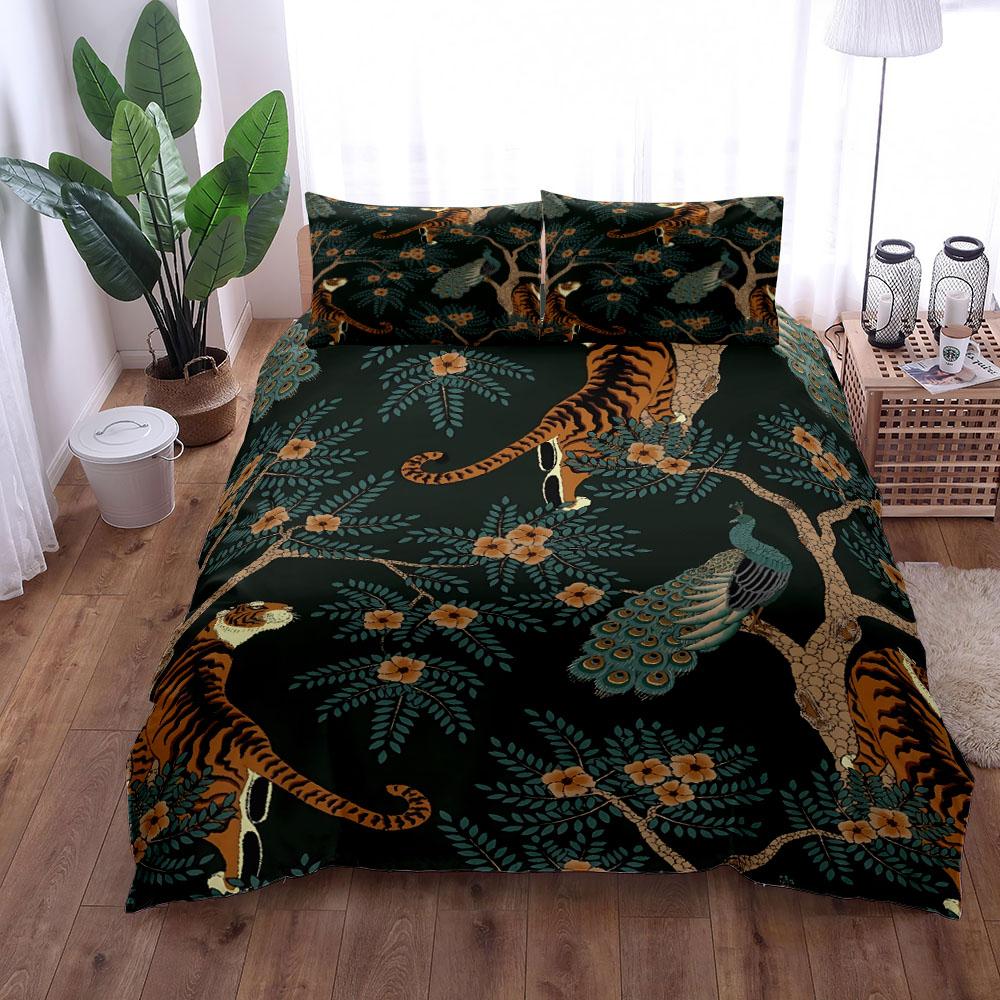Green Tiger and Peacock Vintage Duvet Cover Set King Queen Double Full Twin Single Size Bed Linen Set