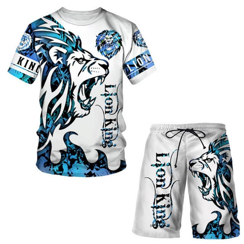 Summer 3D Printed T-shirt Set Fashionable Men's Lion Sportswear Top Casual Shorts Sport Wear Men’s