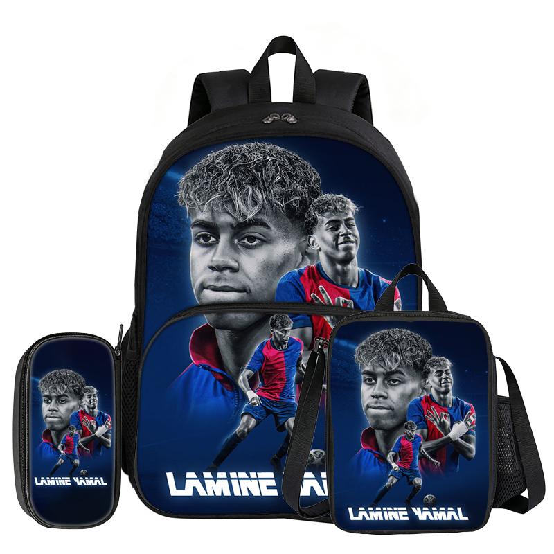 Set de 3 piezas L-Lamin Yamal con Mochila con Bolsillo Frontal Material Escolar Estrella de Fútbol Bolso Escolar, con Bolsa para el Almuerzo, Estuche, Mochila