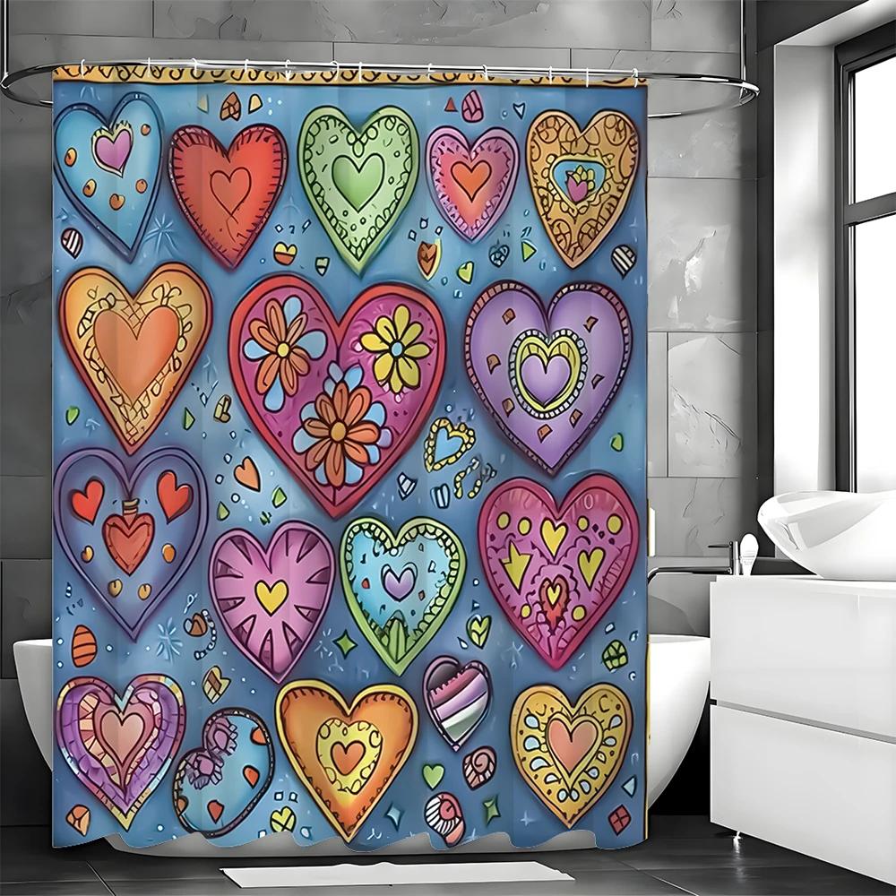 Cartoon Love Decorative Pattern Shower Curtain, Bathroom Decorative Shower Curtain, Waterproof Shower Curtain with Hooks
