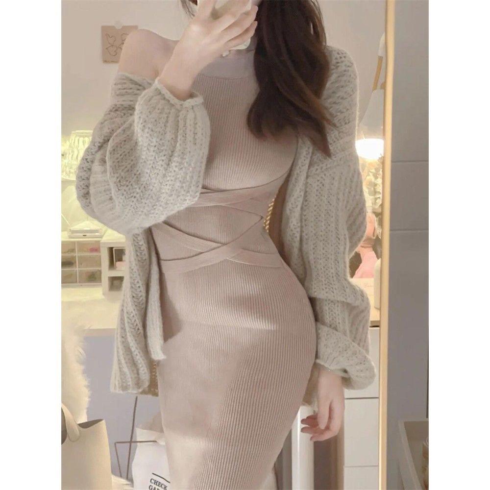 Autumn/Winter Internet Celebrity Salt Style Streetwear: Pure Style Temperament Two-Piece Knit Sweater Dress.