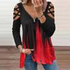Fashion Women's Loose Zipper V-neck Lace  Long Sleeve Print Splicing Tops