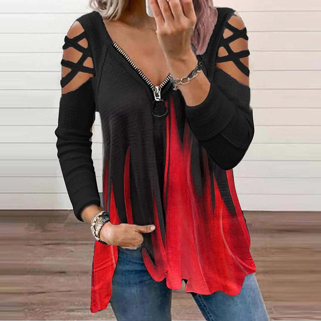 Fashion Women's Loose Zipper V-neck Lace  Long Sleeve Print Splicing Tops