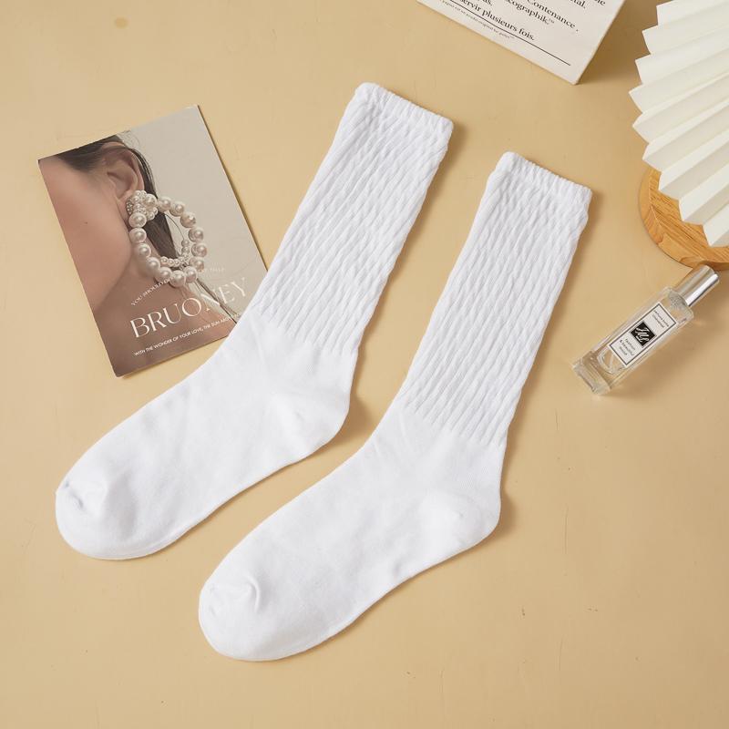 3 Pairs Womens Calf Socks Middle Length Scrunch Stacked Sock Cotton Boot Socks for Girls Trendy Solid Color JK Student Socks