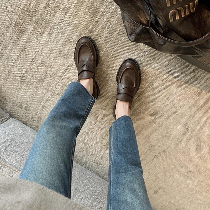 Small Leather Shoes Women's Retro British Style Single Shoes Leather Single Shoes Thick Heel Loafers Autumn and Winter New Models Explosion
