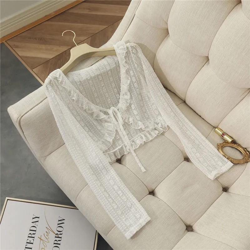 Vielseitiger Spitzen-Cropped-Schal: Langarm Sonnenschutz Strickjacke