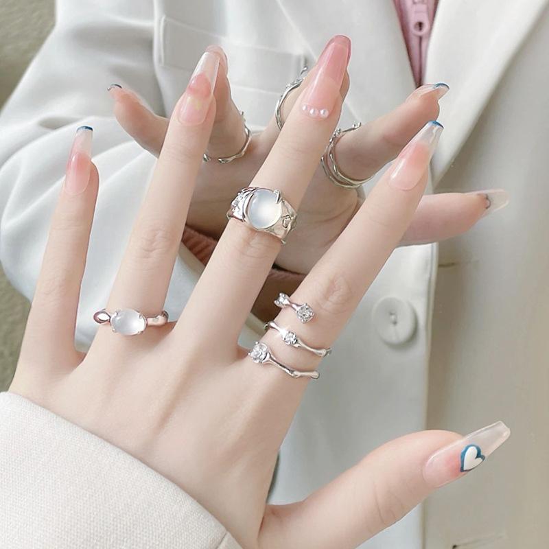 Niche Design Moonstone High-Grade Diamond-Encrusted Zircon French Open Index Finger Cold Wind Ring