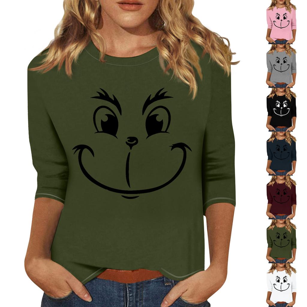 3/4 Sleeve Tops For Women T-Shirt Casual Christmas Print Tops T Shirt Round Neck Pullover Blouse