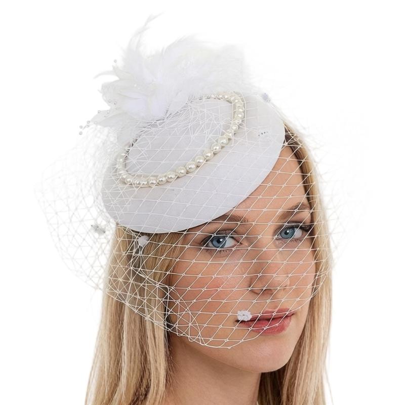 Bridal Fascinator Hat for Brides with Mesh Net Feather Accent Mini Headpiece for Wedding Tea Party Formal Wear
