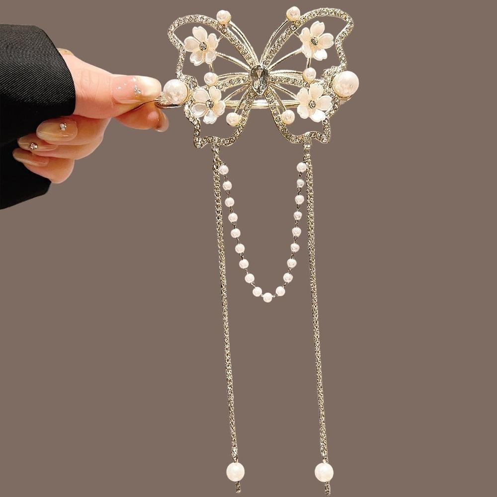 Elegant Butterfly Tassel Hair Stick with Rhinestone Pearl Detail Flower/Velvet Rose Design Retro Chinese Style Women's Accessory