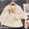 Kinderkleidung Frühling Herbst Kollektion Mädchen Spitzenjacke Kurzer Rock Modisches Zweiteiler Set
