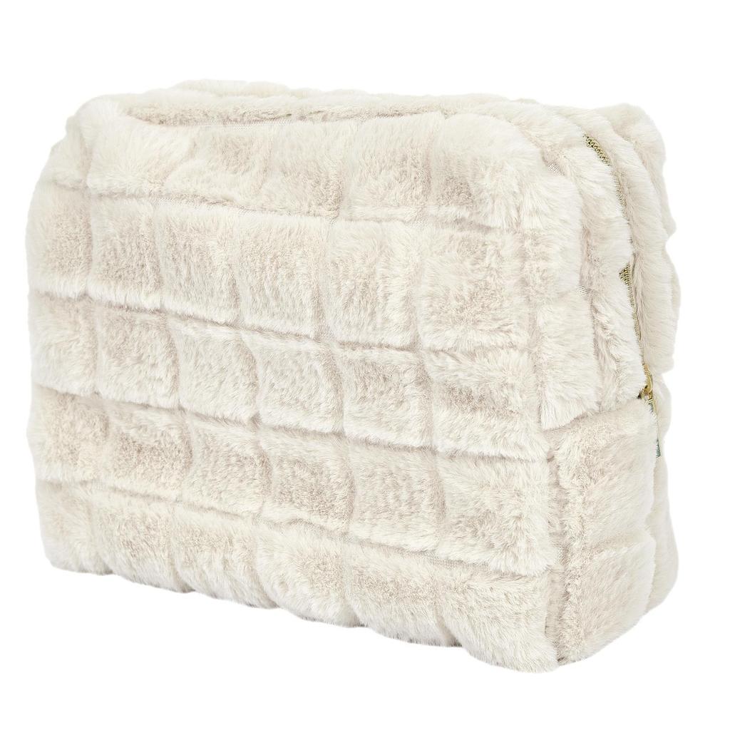Borsa Cosmetica in Pelliccia Crema Poliestere e Nylon 18X10X11 Cm