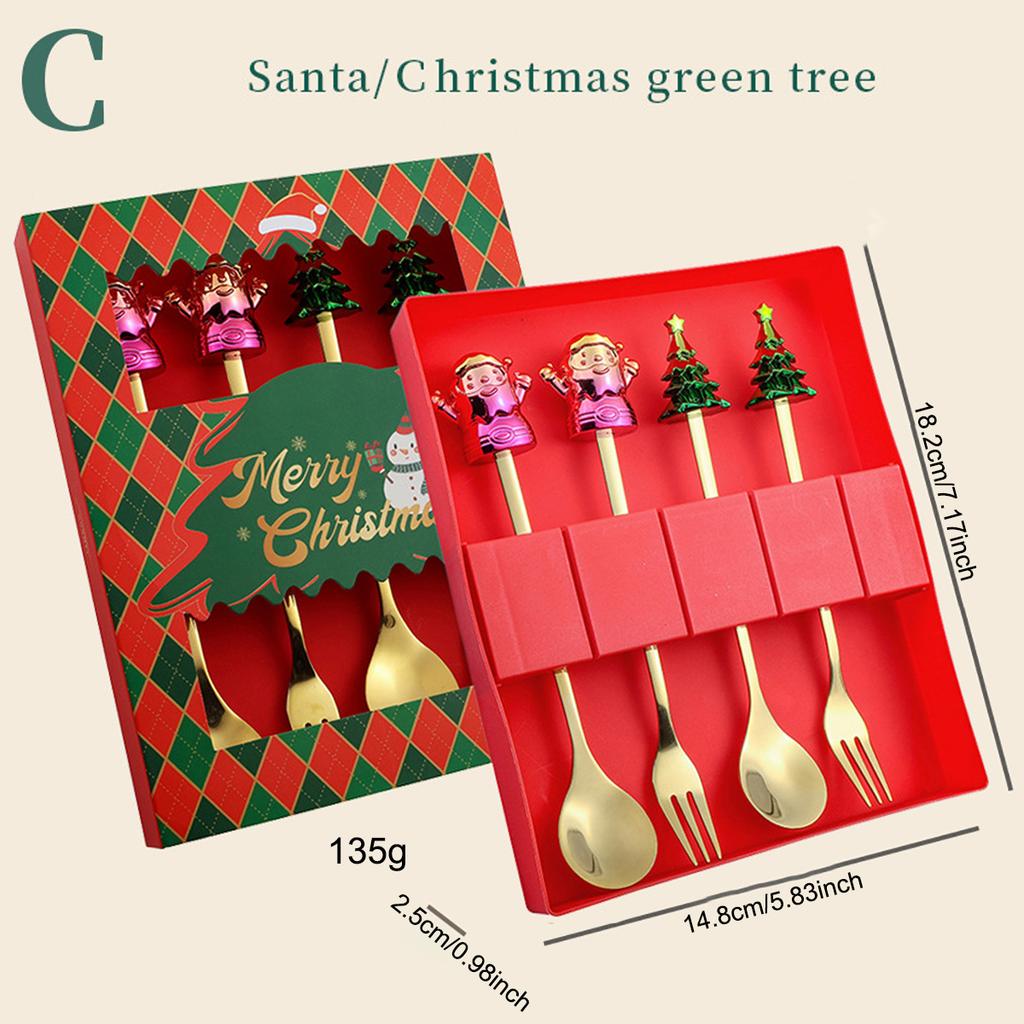 4Pcs Snowman Christmas Tree Cutlery Set Fork Spoon Dinnerware Set with Gift Box Stainless Steel Gold Flatware Party Tableware