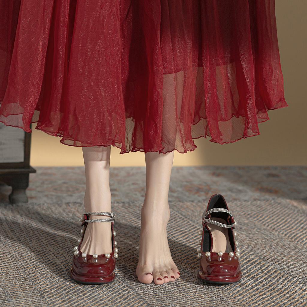 Spring and Summer New Rhinestone with Waterproof Table French Mary Jane 2025 Shoes Women's Versatile Pearl Thick Heel High Heels