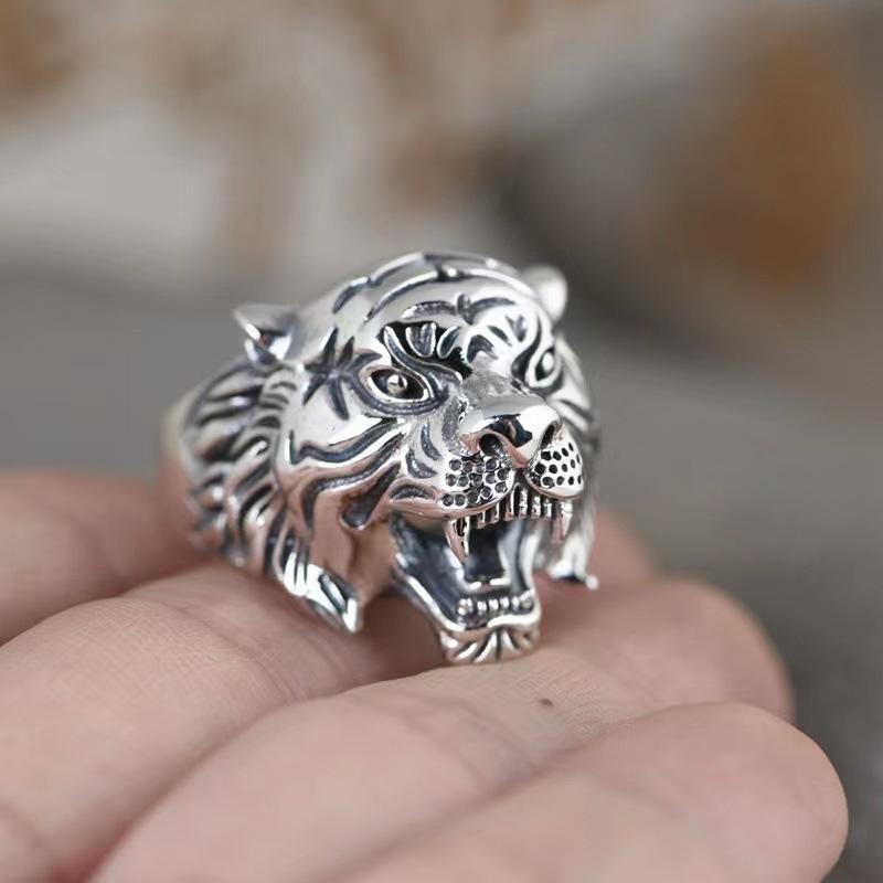 Retro Tiger Head Ring for Men Antique Gothic Adjustable Open Ring Alloy Zinc Alloy Plated Zircon Punk Rock Hiphop Accessories Gift