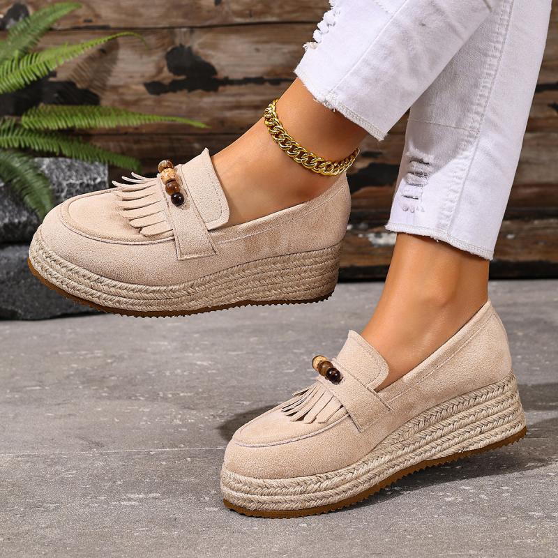 Fashion Bohemia Colorful Bead Decoration Loafer Shoes Women Autumn Comfort Hemp Wedge Heel Pumps Fashion Tassels Suede Slip On Shoes