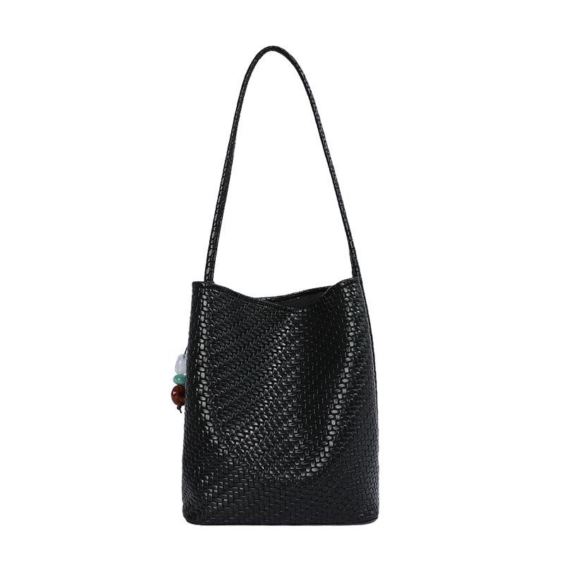 2026 Summer Korean Minimalist Woven Texture Bucket Bag - Large Capacity, Solid Color, Single Shoulder & Handheld