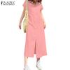 ZANZEA Women Casual V-Neck Summer Short Sleeve Long Dress