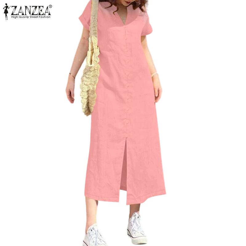 ZANZEA Women Casual V-Neck Summer Short Sleeve Long Dress