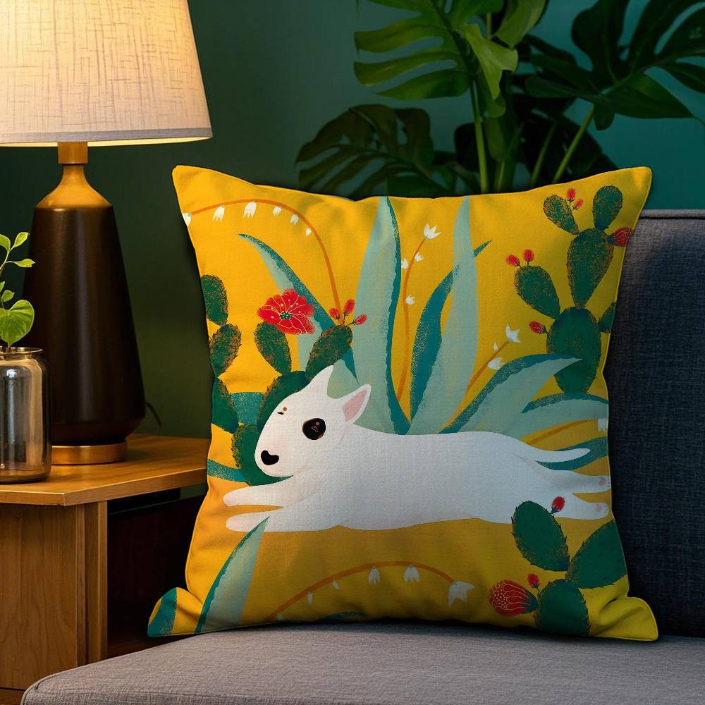 Cartoon Bull Terrier Series Pillow Case Plush Fabric Soft Double Sided Print Home Sofa High Quality Cushion Cover Throw