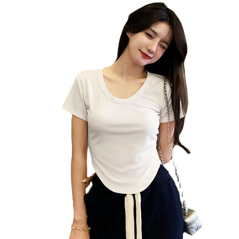 Tricou sexy cu gât rotund Top cu mânecă scurtă neregulată