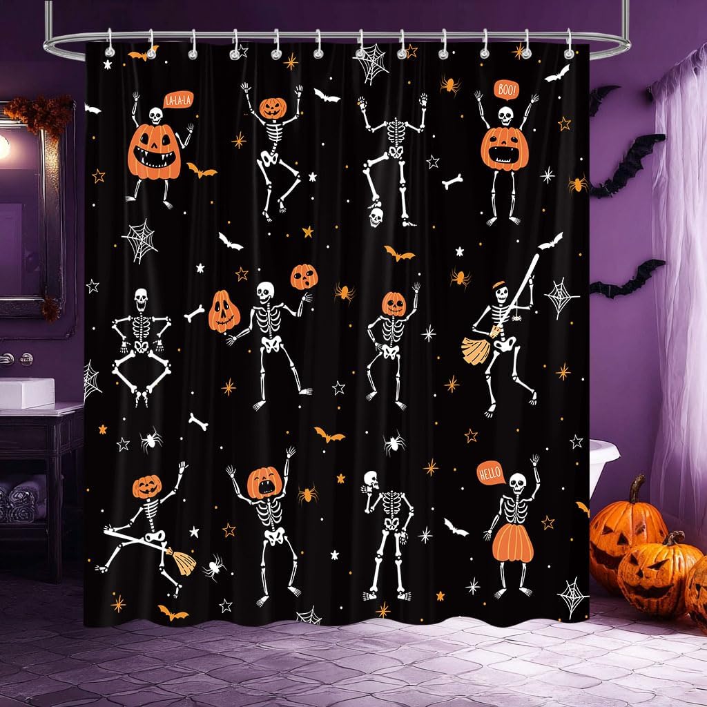 Funny Gothic Halloween Shower Curtain, Black White Skeleton Dance Pumpkins Kids Bathroom Decoration, Waterproof Washable