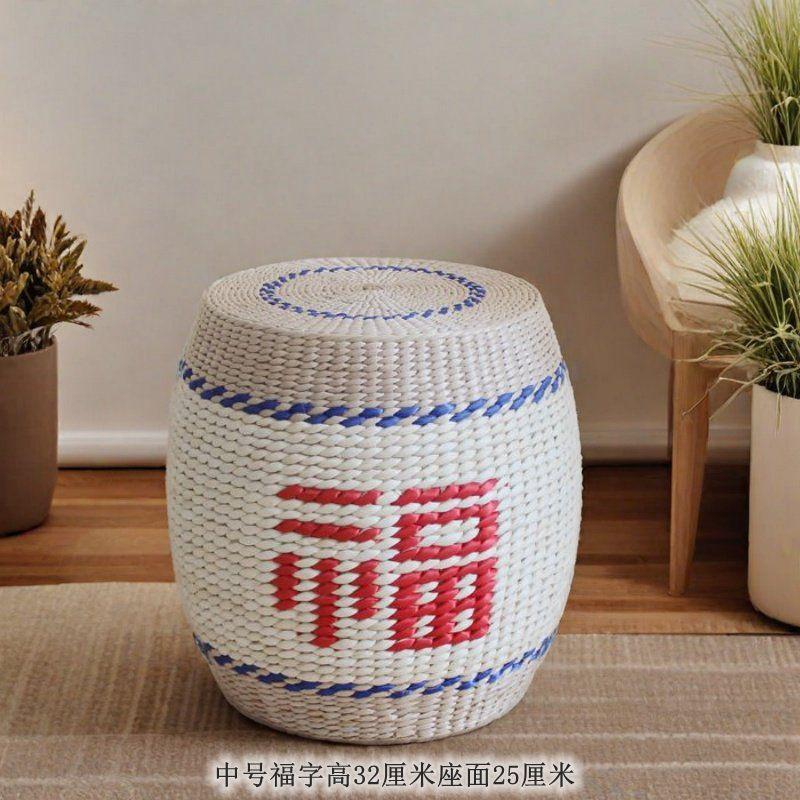 Round Rattan Ottoman Seat Cushion Handmade, Tatami Footstool, Tea Table Stool for Living Room, Low Height Chair