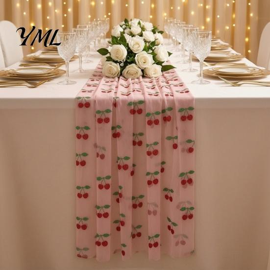 Elegant Event Table Liners Sheer Tulle Runner, Strawberry Cherry Lemon Pattern, Summer Runner Overlay, Seasonal Fruit for Birthday Party Wedding Decor