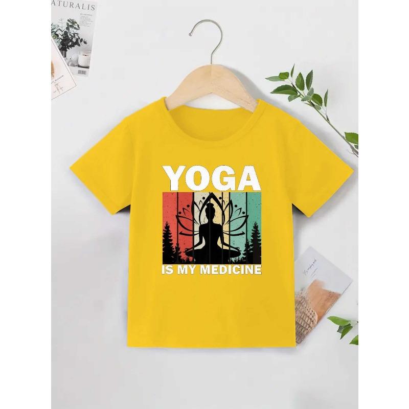 

European sizes Yoga with Meditating Figure Boys New Casual Short-sleeved T-shirt for Summer Children s Round Neck Clothing Printed T-shirt Base Shirt 164cm жовтий