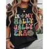 European Size Womens In My Holly Jolly Era Festive Graphic T Shirt Christmas Trees Stars Print Glossy Fabric Casual Crew Neck Short Sleeve