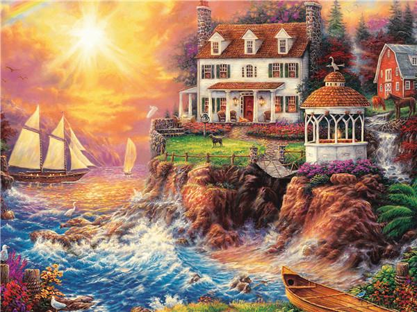 5D DIY Diamantmalerei Haus Landschaft Voll Platz Rund Stickerei Mosaik Baum Szenerie Heimdekoration