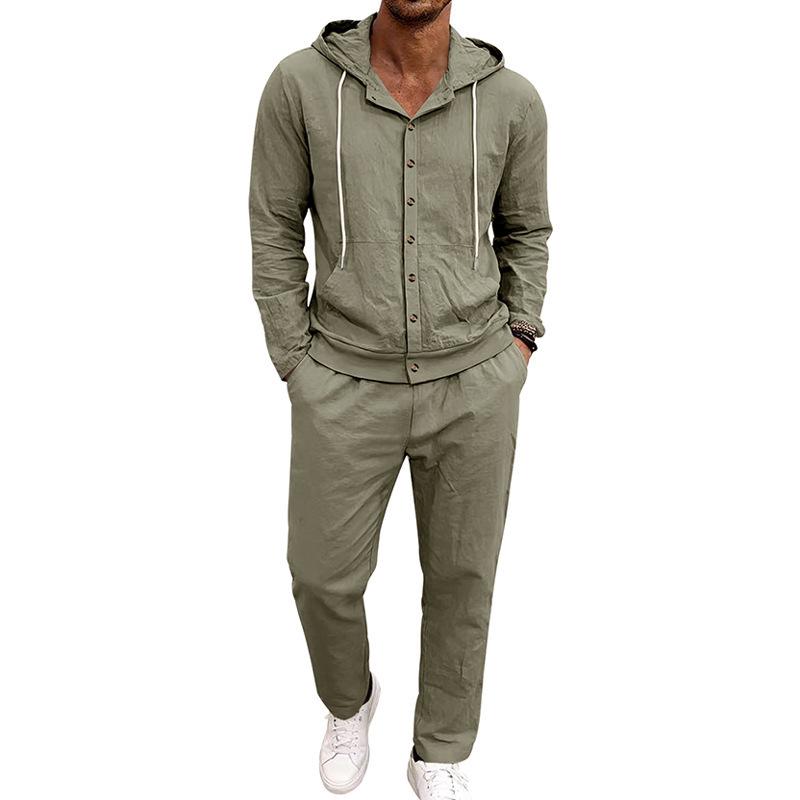Men's Hooded Linen Shirt and Pants Set - European Casual Style