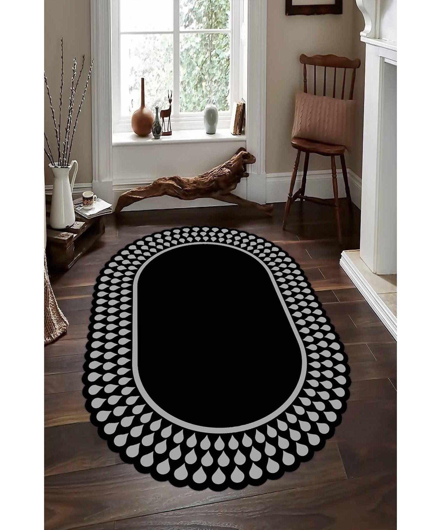 

Серо-черный овальный ковер с каплевидным узором (Нескользящее точечное основание, допускающее машинную стирку) - CP1354-2