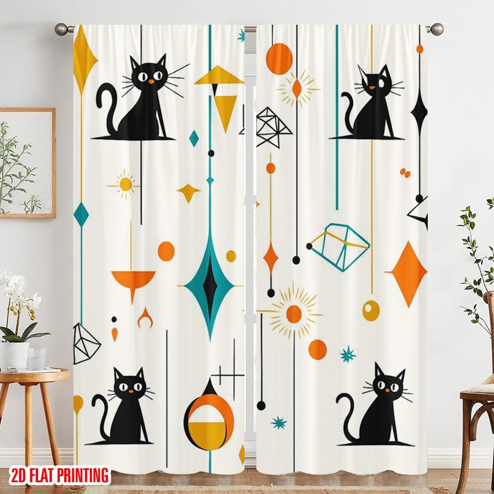 2 Stück, 2D-Flachdruck Beliebte Vorhänge Retro Katzenlandschaft Vielseitiges Polyester (ohne Stange) Festlich Perfekt für Wohnzimmer,