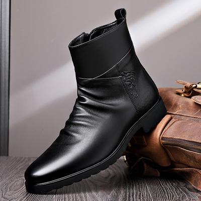 Botas de Couro Masculinas de Couro de Vaca Primavera Botas de Motociclista Zíper Lateral Interno Elevado Botas de Combate Masculinas Botas Chelsea