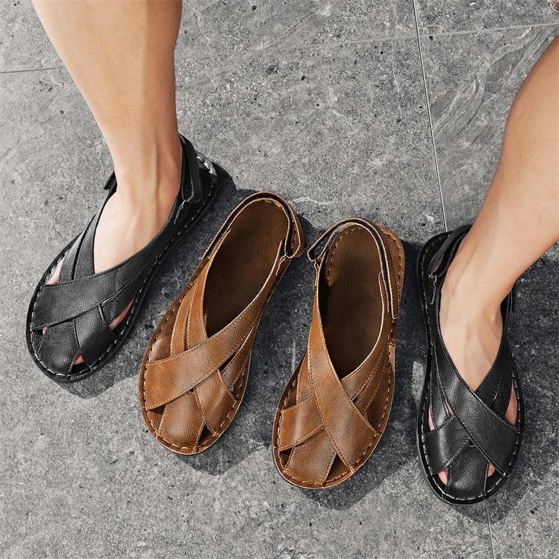 Ciabatte da Uomo Fatte a Mano Semplici Piatti Sandali da Gladiatore Estivi Sandali Romani Retro in Pelle Scarpe da Spiaggia Taglie Forti