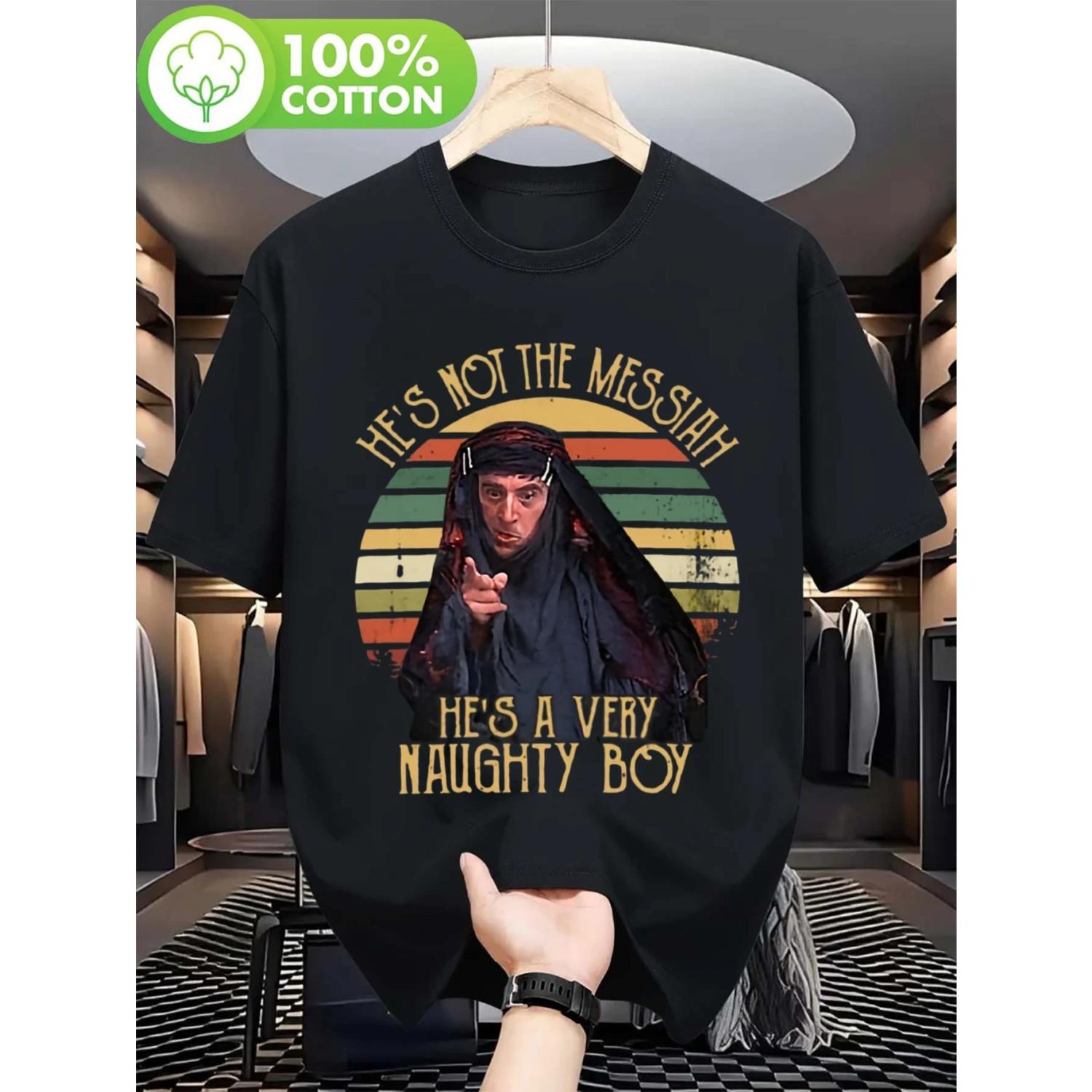

Men s _He s Not Messiah, He s A Naughty Guy_ Retro Printed T-shirt - Monty Python Inspired Humorous Clothing S чёрный