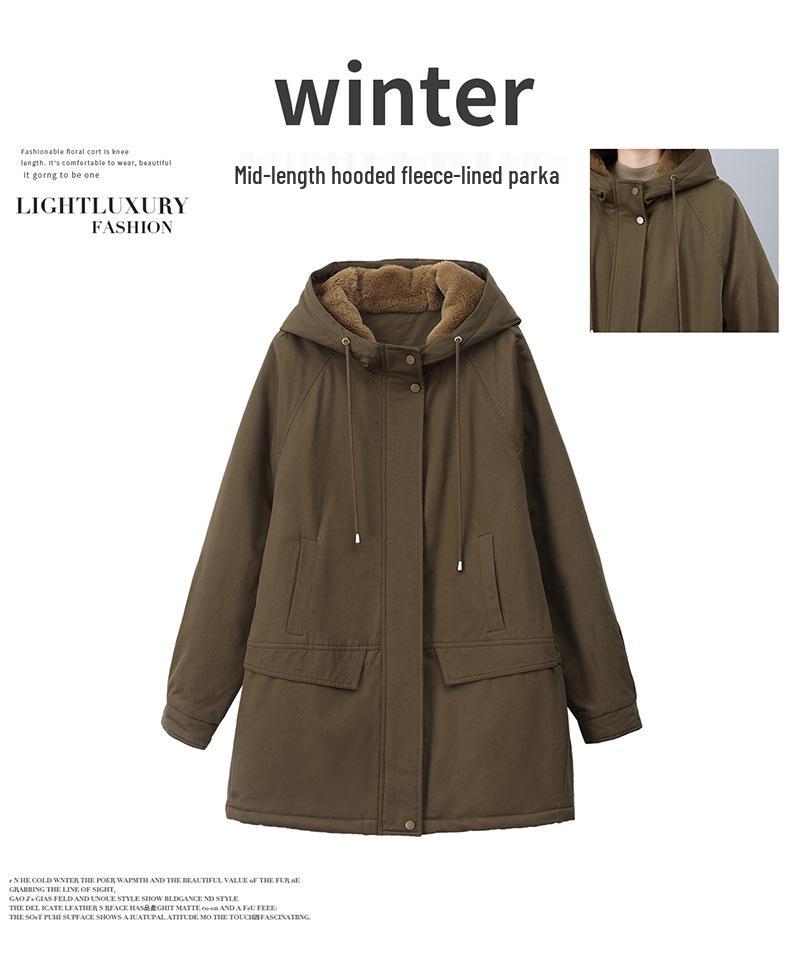 2024 Women's Plus Size Velvet Parka: Mid-Length, Loose Fit, Thickened Hooded Winter Coat for Middle-Aged Moms