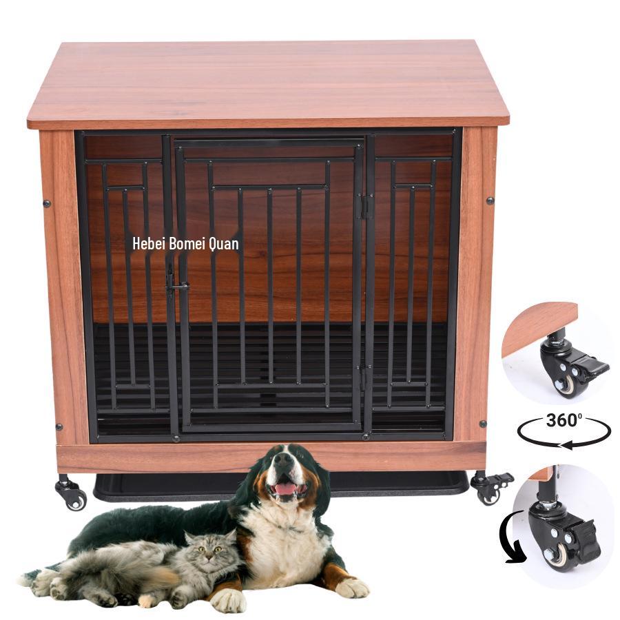 Movable Wooden & Metal Dog Crate with Toilet Separator for Medium/Small Dogs
