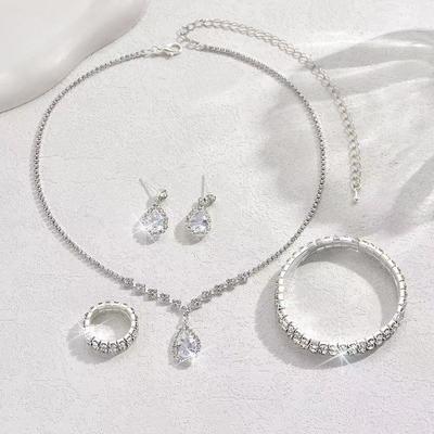 Full Rhinestone Drop Pendant Necklace and Earrings Set 4 - Piece Lightweight Alloy Jewelry for Daily Wear Party Gift